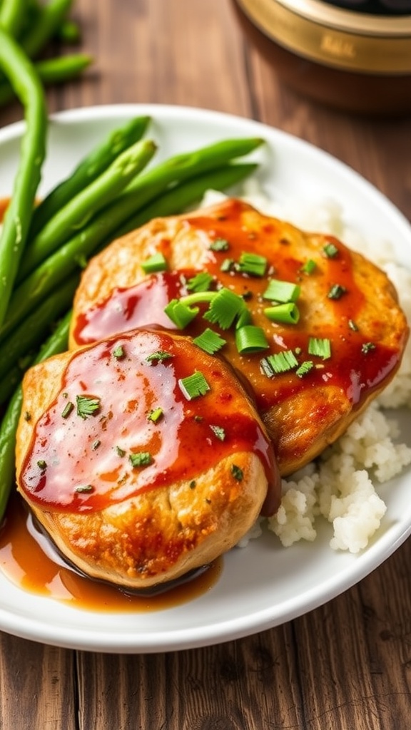 Savory garlic herb pork medallions garnished with parsley on a plate, served with green beans and rice.